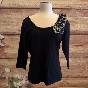 Cyrus Black Knit Top with Leopard Floral Shoulder Accent